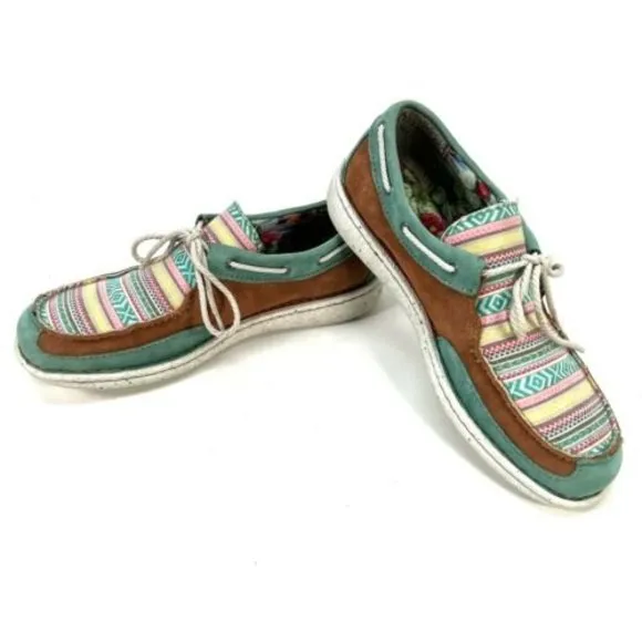Justin Womens 10M Boatie Boat Shoes Brown Turquoise Southwestern Suede Moc Toe