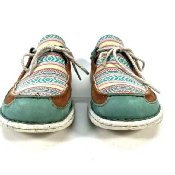 Justin Womens 10M Boatie Boat Shoes Brown Turquoise Southwestern Suede Moc Toe