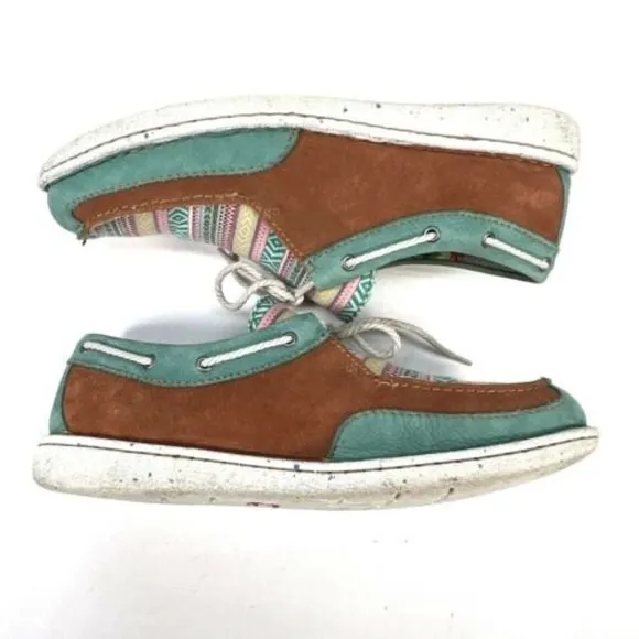 Justin Womens 10M Boatie Boat Shoes Brown Turquoise Southwestern Suede Moc Toe