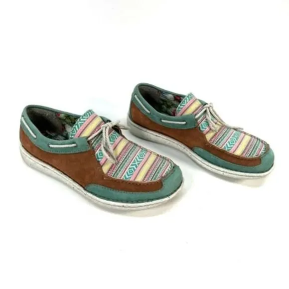 Justin Womens 10M Boatie Boat Shoes Brown Turquoise Southwestern Suede Moc Toe