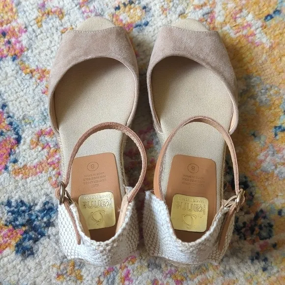 Kanna Suede Leather Ankle Strap Open Toe Espadrille Wedge Sandals Beige Cream 8