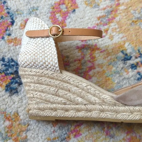 Kanna Suede Leather Ankle Strap Open Toe Espadrille Wedge Sandals Beige Cream 8