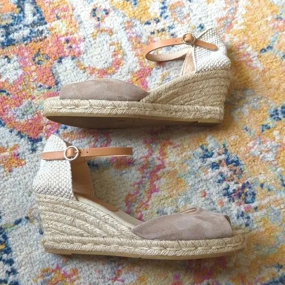 Kanna Suede Leather Ankle Strap Open Toe Espadrille Wedge Sandals Beige Cream 8