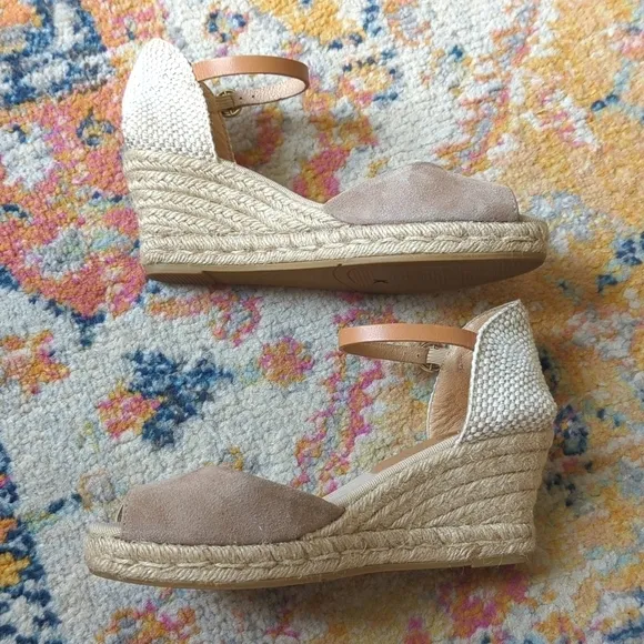 Kanna Suede Leather Ankle Strap Open Toe Espadrille Wedge Sandals Beige Cream 8