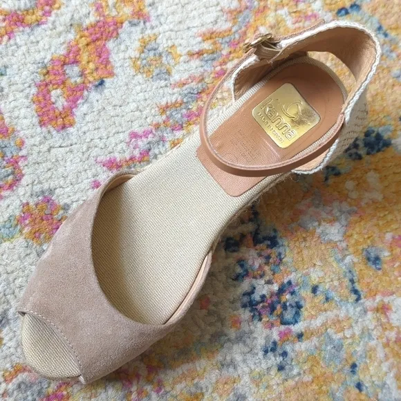 Kanna Suede Leather Ankle Strap Open Toe Espadrille Wedge Sandals Beige Cream 8