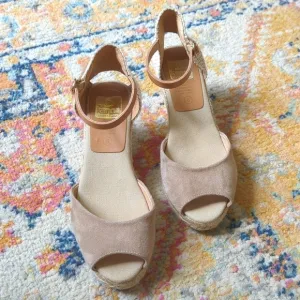 Kanna Suede Leather Ankle Strap Open Toe Espadrille Wedge Sandals Beige Cream 8