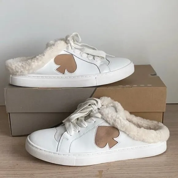 Kate Spade Fez Mule Faux Fur Wht Large Logo Leather Slip On Shoes Women- SZ 8.5