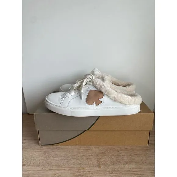 Kate Spade Fez Mule Faux Fur Wht Large Logo Leather Slip On Shoes Women- SZ 8.5