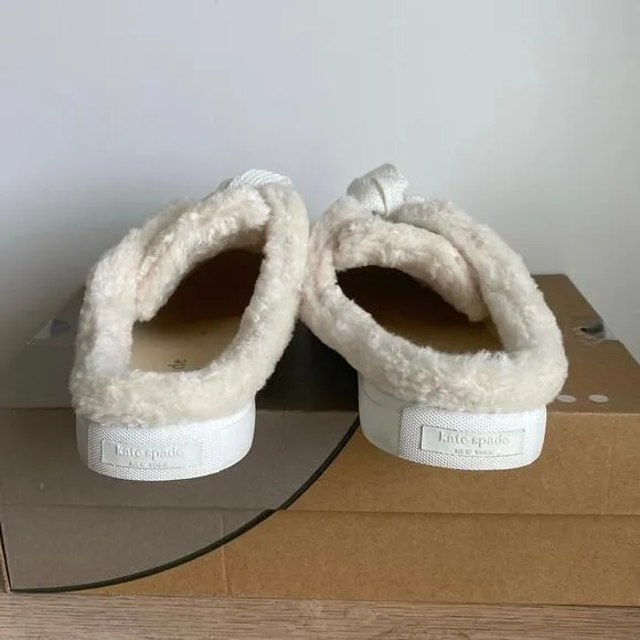 Kate Spade Fez Mule Faux Fur Wht Large Logo Leather Slip On Shoes Women- SZ 8.5