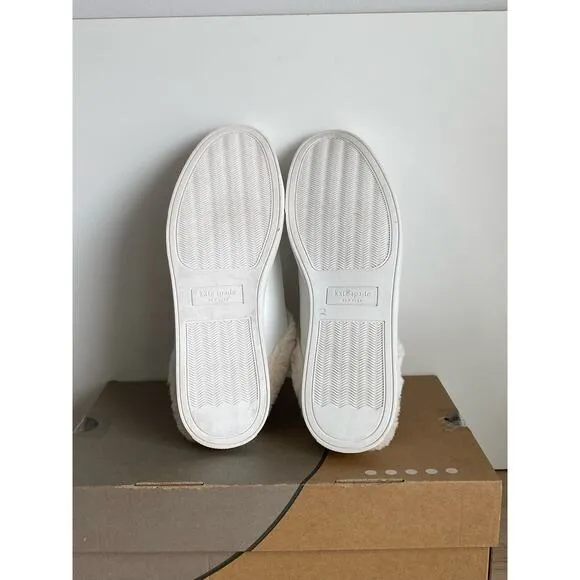 Kate Spade Fez Mule Faux Fur Wht Large Logo Leather Slip On Shoes Women- SZ 8.5