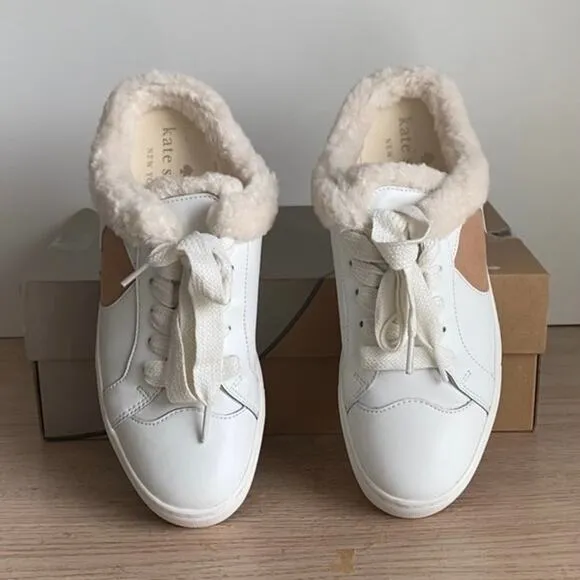 Kate Spade Fez Mule Faux Fur Wht Large Logo Leather Slip On Shoes Women- SZ 8.5