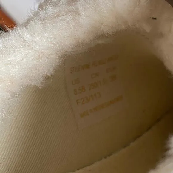 Kate Spade Fez Mule Faux Fur Wht Large Logo Leather Slip On Shoes Women- SZ 8.5