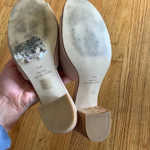 Kate Spade light pink scallop leather mules with cork heel - such pretty shoes