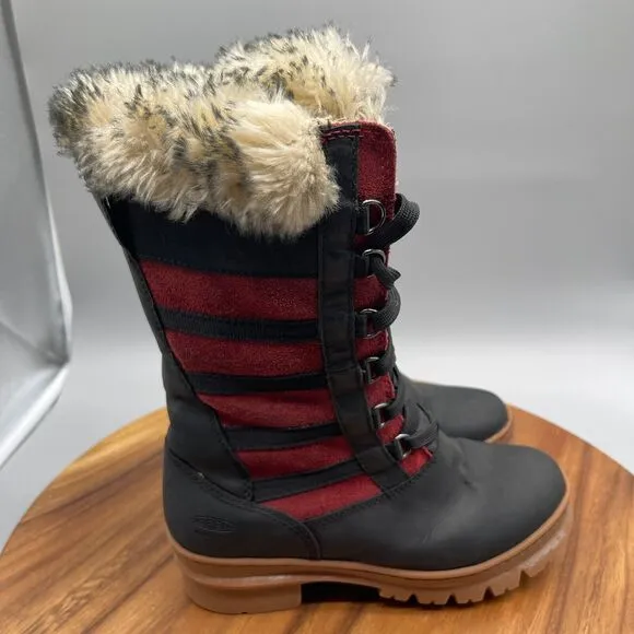 KEEN Wapato Womens Size 6 Black Red Tall Winter Snow Boots 1013694 Faux Fur