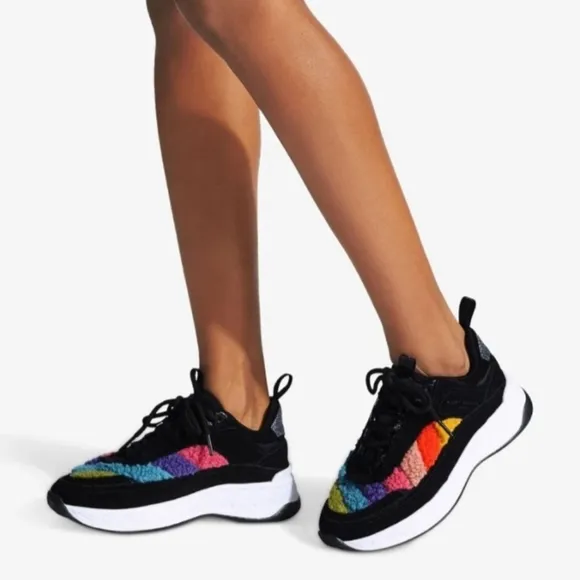 Kurt Geiger Luda Faux Rainbow Shearling Quilted Sneakers Tennis Shoes NEW