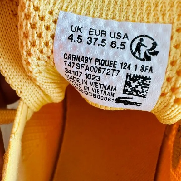 🤩Lacoste Womens Casual Preppy Shoes Sz 6.5(7.5) Carnaby Piquee Sneakers Yellow