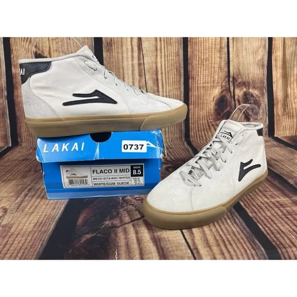 LAKAI FLACO 2 MID Top - Men’s 8.5 - White Gum Suede And Canvas Shoes EUC in Box