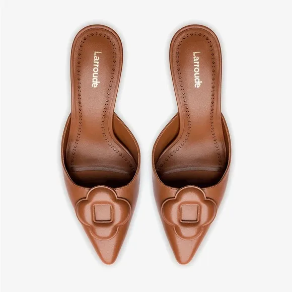 LARROUDE’ Flora Caramel Leather Mules
