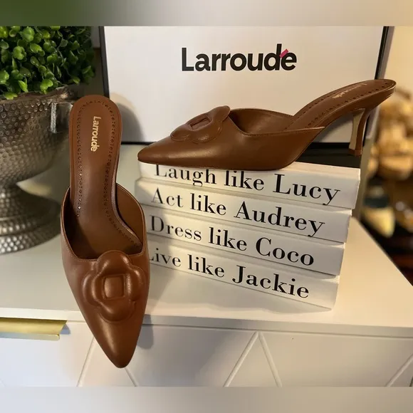 LARROUDE’ Flora Caramel Leather Mules