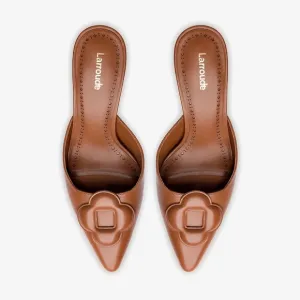 LARROUDE’ Flora Caramel Leather Mules