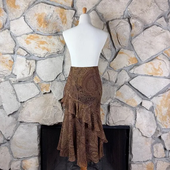 Lauren Ralph Lauren c. 1990s Silk Ruffled Skirt Chocolate Paisley | M