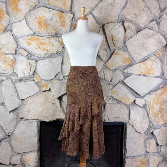 Lauren Ralph Lauren c. 1990s Silk Ruffled Skirt Chocolate Paisley | M