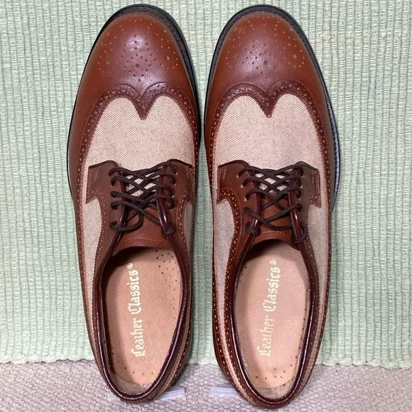Leather Classics Men's Two-Tone Wingtip Canvas Leather Tie Oxford Shoes SZ US 7D