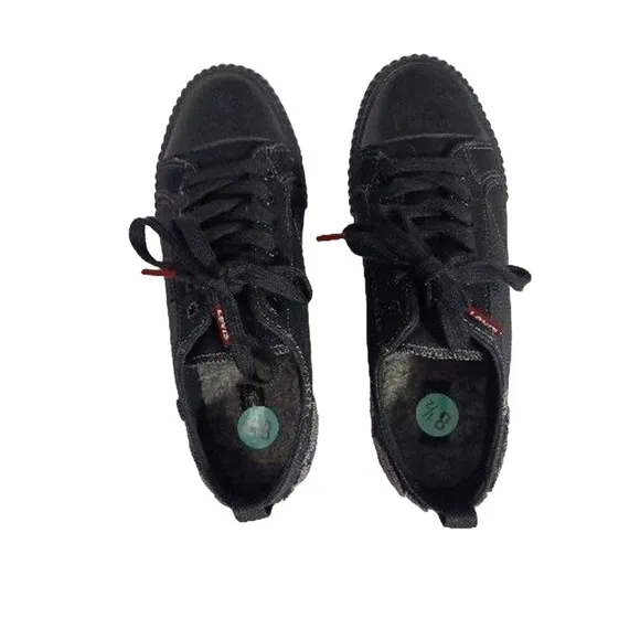 Levi's Womens BLACK Sneakers Sz 8.5 Low Top FAUX LEATHER Embroidered  Spell out