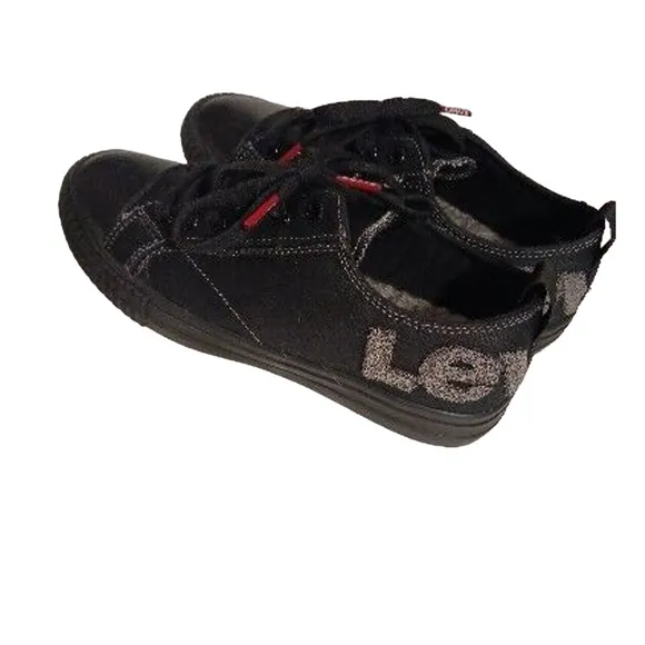 Levi's Womens BLACK Sneakers Sz 8.5 Low Top FAUX LEATHER Embroidered  Spell out