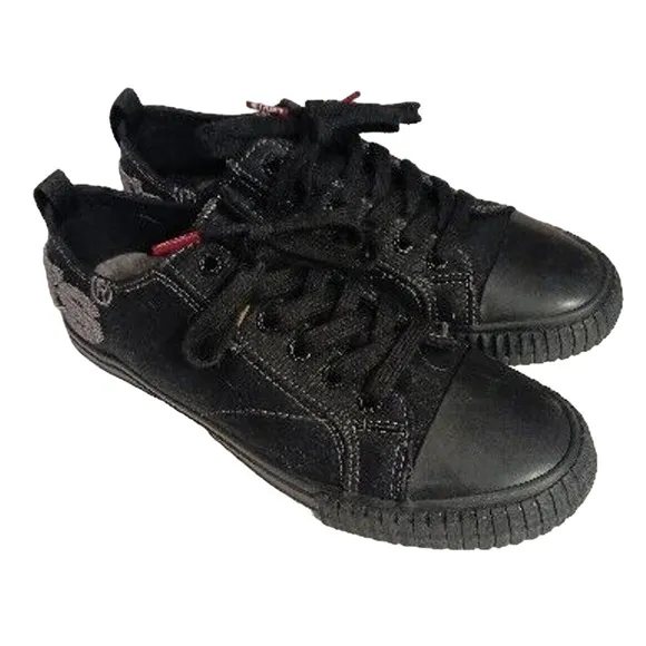 Levi's Womens BLACK Sneakers Sz 8.5 Low Top FAUX LEATHER Embroidered  Spell out