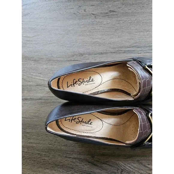 Life Stride Brown Crocodile Embossed Devyn Shoes Block Heels Size 7W