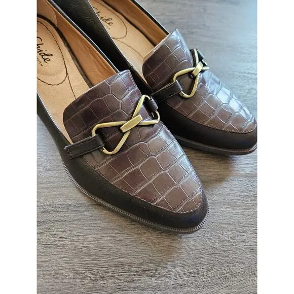 Life Stride Brown Crocodile Embossed Devyn Shoes Block Heels Size 7W