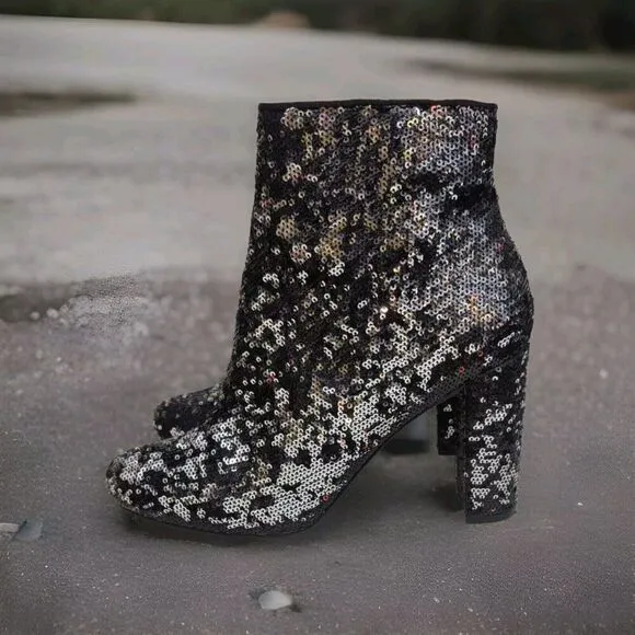 Liliana Black   Silver Sequin Heels Zipper Bootie Boots Women’s Sz 10