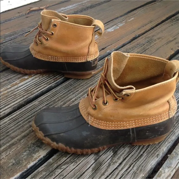 LL Bean Duck Boots Mens 5 Brown Tan Leather Lace Up Rubber Rain Shoes Galoshes