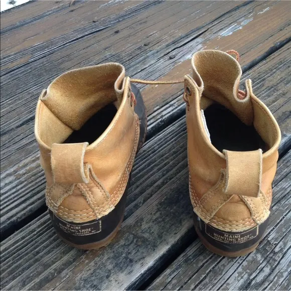 LL Bean Duck Boots Mens 5 Brown Tan Leather Lace Up Rubber Rain Shoes Galoshes
