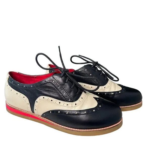 Lola Ramona | Cecilia Wingtip Oxford Black and Cream Leather Shoes Size 11