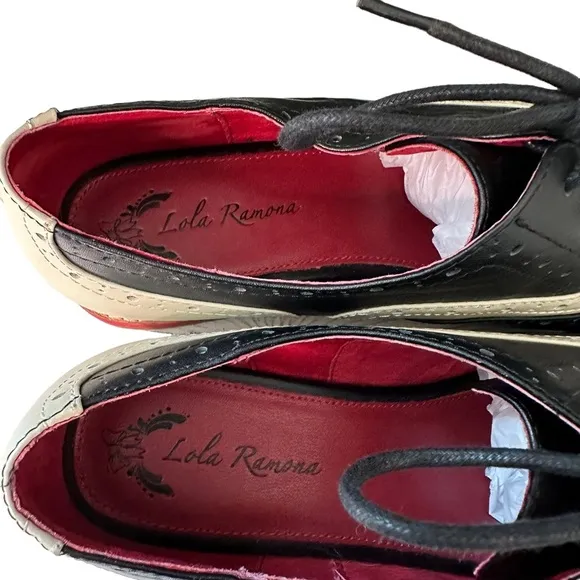 Lola Ramona | Cecilia Wingtip Oxford Black and Cream Leather Shoes Size 11