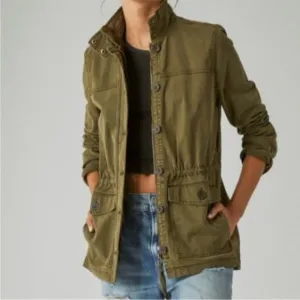 Lucky Brand Distressed Utility Cargo Jacket Medium Olive Green Military Style