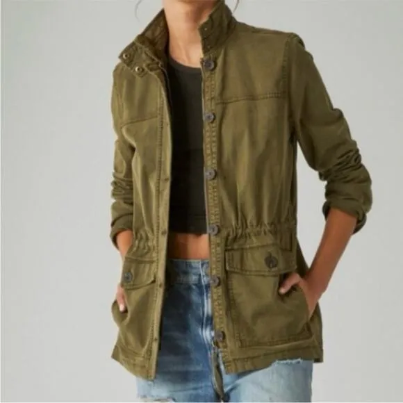Lucky Brand Distressed Utility Cargo Jacket Medium Olive Green Military Style