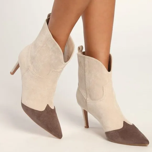 Luglyn Bone Color Block Suede Pointed-Toe Ankle Booties