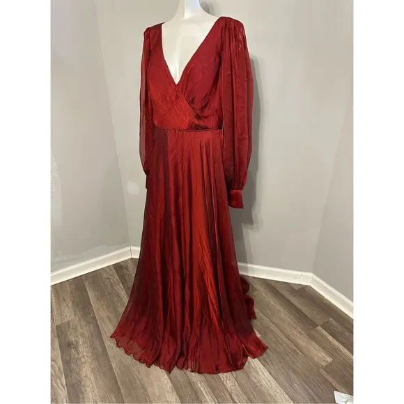 MAC DUGGAL SHEER BLOUSON SLEEVE SURPLICE GOWN