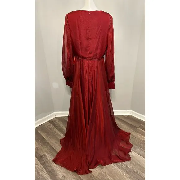 MAC DUGGAL SHEER BLOUSON SLEEVE SURPLICE GOWN