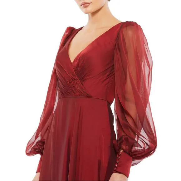 MAC DUGGAL SHEER BLOUSON SLEEVE SURPLICE GOWN
