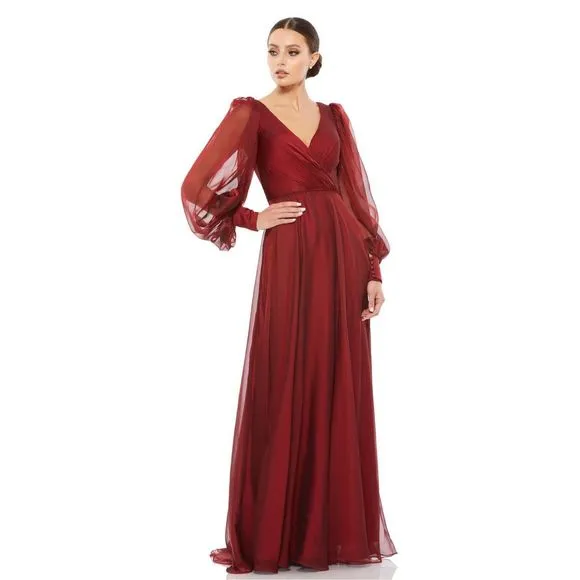 MAC DUGGAL SHEER BLOUSON SLEEVE SURPLICE GOWN