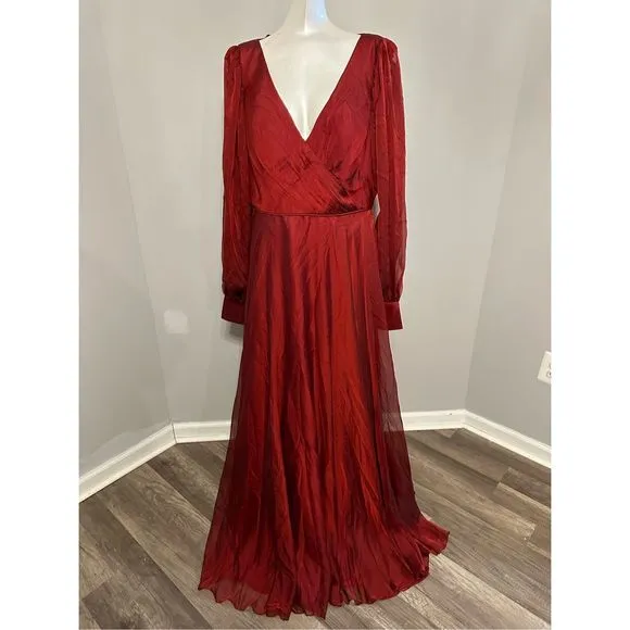 MAC DUGGAL SHEER BLOUSON SLEEVE SURPLICE GOWN