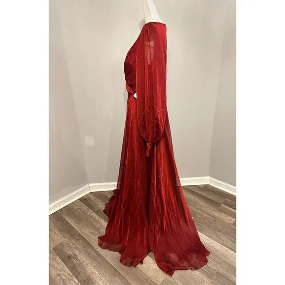 MAC DUGGAL SHEER BLOUSON SLEEVE SURPLICE GOWN