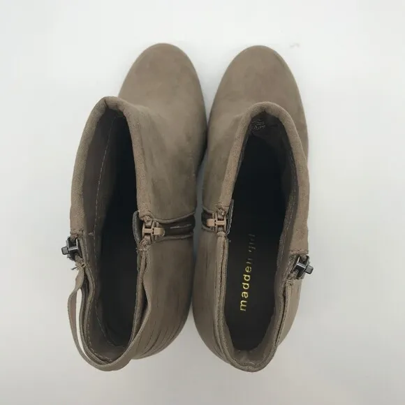 Madden Girl Destroy Suede Ankle Bootie Womens size 9M Taupe Side Zip Heeled Boot