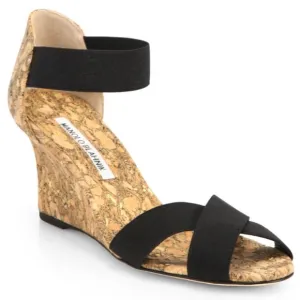 Manolo Blahnik Veggia Strappy Elastic Ankle Cork Wedge High Heel Sandals Shoes
