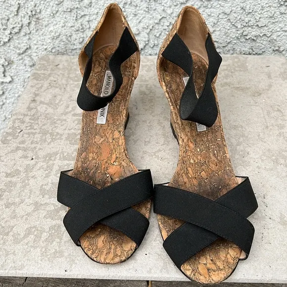 Manolo Blahnik Veggia Strappy Elastic Ankle Cork Wedge High Heel Sandals Shoes