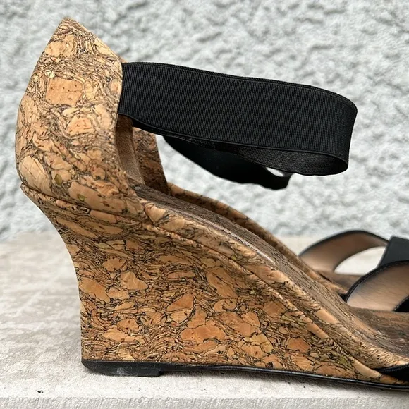 Manolo Blahnik Veggia Strappy Elastic Ankle Cork Wedge High Heel Sandals Shoes